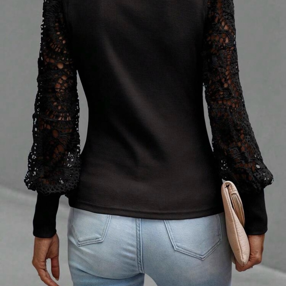 SHEIN Black Crochet Sleeve Blouse - Picture 7 of 8